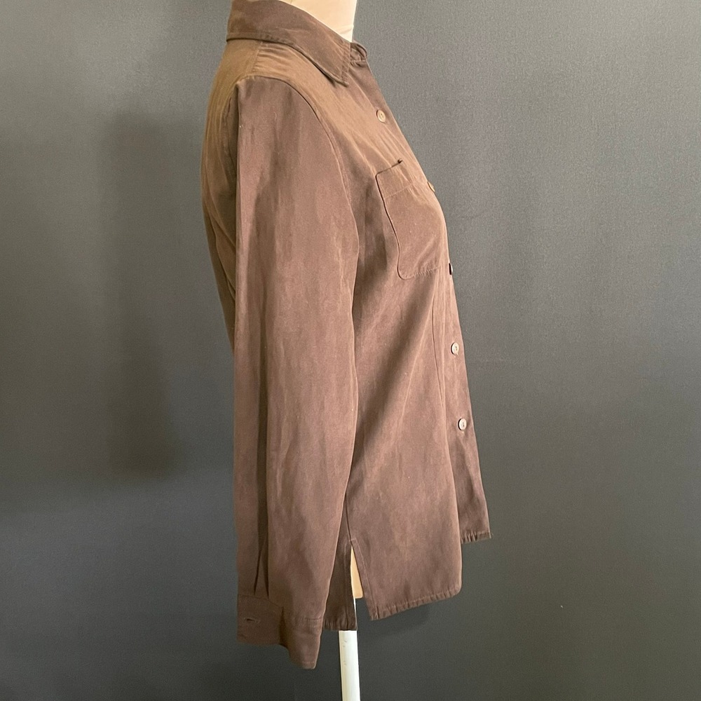 Petite Sophisticate Button Up Shirt Womens P Brown Good Faux Suede Pockets - Picture 3 of 7